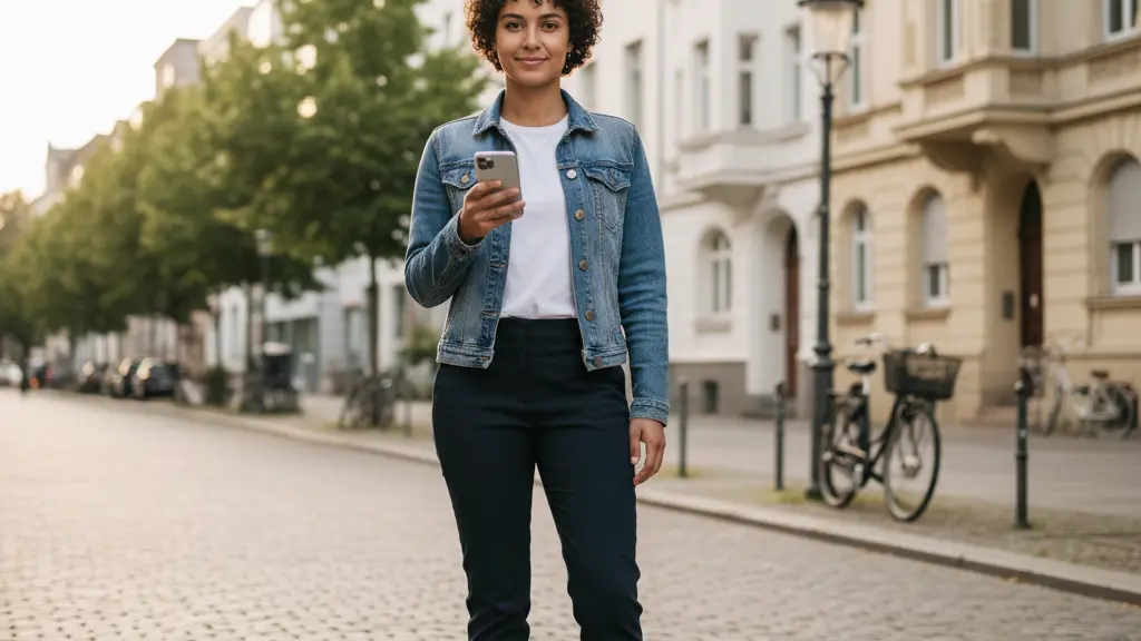 A young adult with a serene, confident smile looks up from a smartphone on a sun-dappled German cobblestone street, surrounded by historic Altbau and modern apartment buildings, conveying empowerment through digital tools.