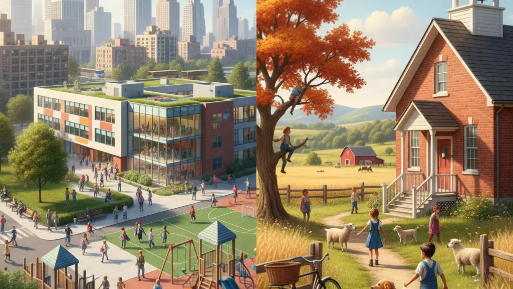 A split scene showing a vibrant city school environment on the left with modern architecture and busy children, and a tranquil country school on the right with a traditional schoolhouse amidst fields and children playing outdoors, illustrating the contrast between urban and rural education settings.