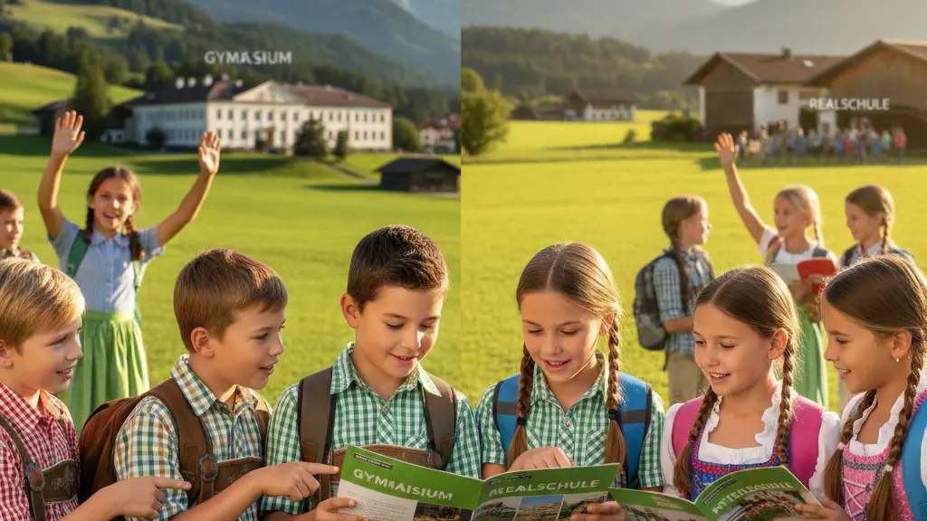A group of children discussing their educational choices in Bavaria, depicting the contrast between Oberbayern and Niederbayern. Children are shown engaging with school brochures, with a backdrop of iconic Bavarian landscapes and school buildings, illustrating regional disparities in school transitions.