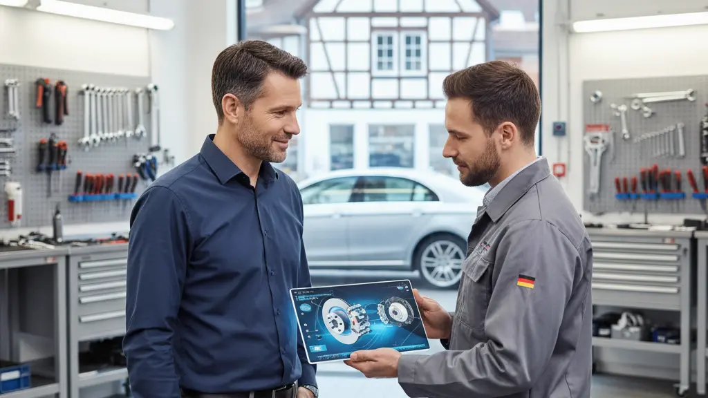 A confident person reviewing a detailed digital diagram of car parts with a professional mechanic in a clean, modern German automotive workshop. Distinct German architecture is subtly visible through a large window in the background, symbolizing informed decision-making and transparency in vehicle maintenance.