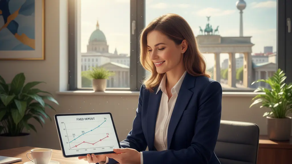 A young professional confidently reviewing financial documents at a stylish wooden desk in a modern office, with a skyline view of Berlin through a large window, symbolizing stability and growth in finance.