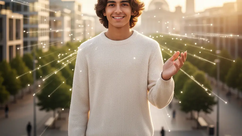 A photorealistic, high-resolution image shows a diverse German teenager, around 16 years old, with a hopeful smile, standing confidently at the center of the frame. They wear modern attire, and one hand is subtly raised, symbolizing readiness for a brighter future. The background, softly blurred, features a sun-drenched modern German cityscape with sleek architecture and green areas, representing a supportive national context. Ethereal, gentle light streaks emanate from the background, symbolizing seamless digital support. The image is uplifting, conveying a sense of empowerment, opportunity, and efficient state support for youth, with no text or distracting elements.