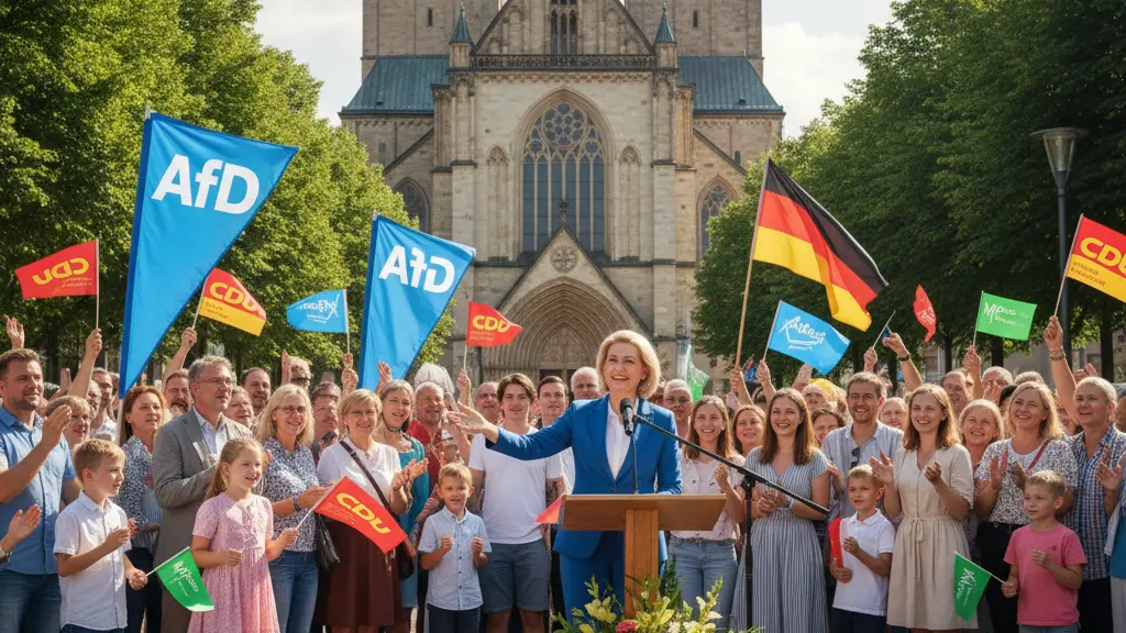 A charismatic female political leader speaks at an election rally in Saxony-Anhalt, supported by a diverse crowd of enthusiastic citizens, with the Cathedral of Magdeburg in the background, symbolizing hope and community engagement in the electoral process.