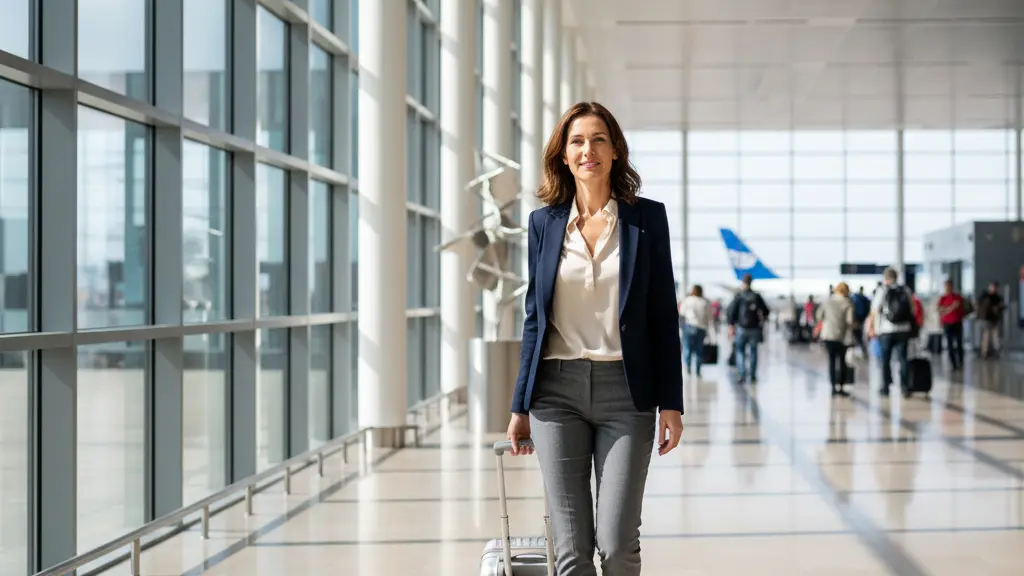 An ultra-realistic, high-resolution photograph depicts a confident, smiling traveler, dressed in smart-casual attire, walking purposefully through a sunlit, modern European international airport terminal. The individual, centrally positioned and sharply focused, conveys a sense of calm and assurance, symbolizing the protection of EU passenger rights. The background shows a clean, orderly airport environment with contemporary European architecture, providing context without distraction. The image is free of any text or logos.