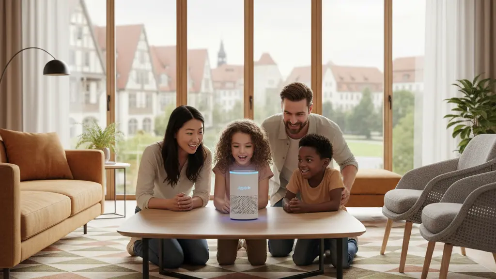 A modern German family of four joyfully interacting with a smart speaker in their stylish living room, showcasing the launch of Amazon's Alexa+ with recognizable German architectural elements in the background.