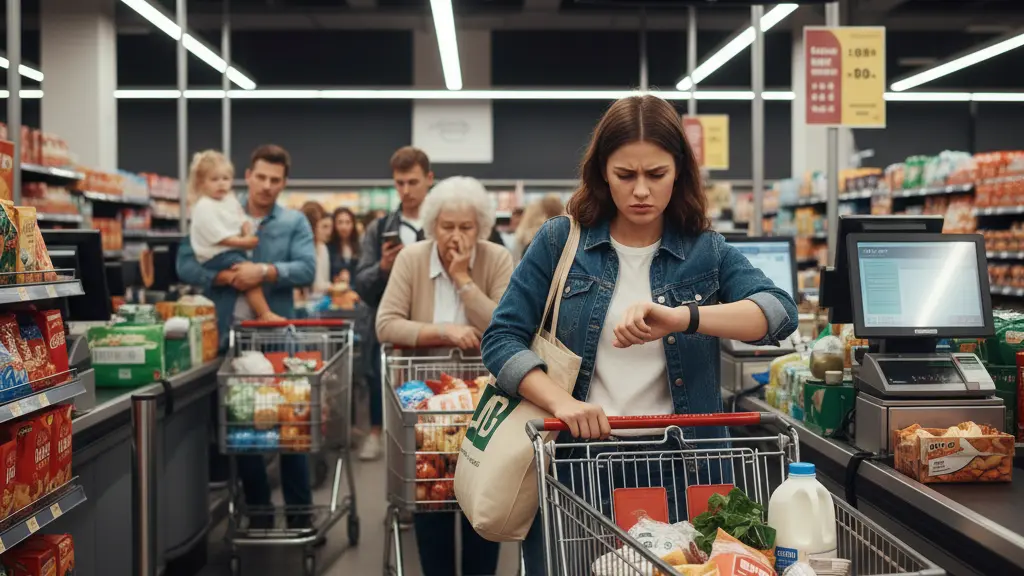 A young woman looks impatiently at her watch while standing in a long supermarket checkout line, surrounded by diverse frustrated customers. The scene captures the impact of long wait times on shopping experiences, with visible grocery items and a blurred background emphasizing the retail setting.
