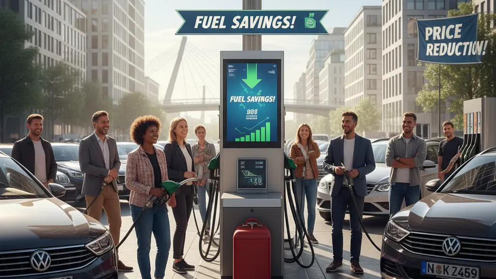 A vibrant urban gas station scene in Germany in 2026, showcasing a diverse group of happy individuals filling up their vehicles at a pump with visibly decreased fuel prices, set against a backdrop of modern architecture, under a sunny sky.
