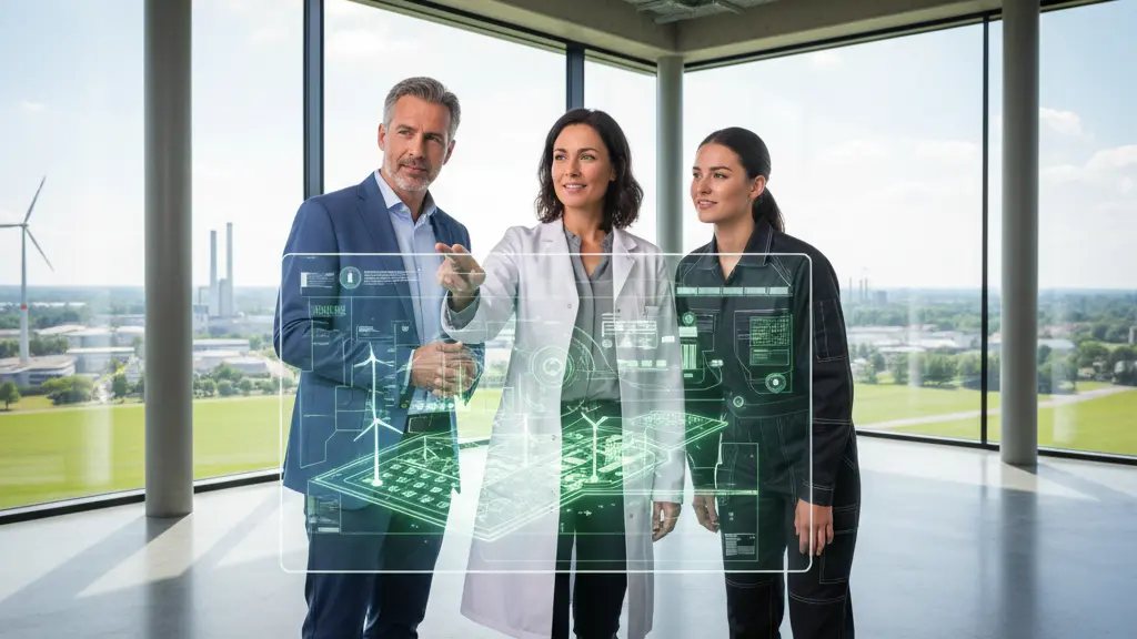 A photorealistic image showing a diverse group of German professionals collaboratively viewing a holographic blueprint of sustainable industrial infrastructure in a modern innovation facility. The central female engineer points confidently at the glowing display, symbolizing collective effort and a hopeful, innovative future for Germany's economy. The background subtly features clean German architecture and a natural landscape. The image conveys resilience and a forward-looking vision.