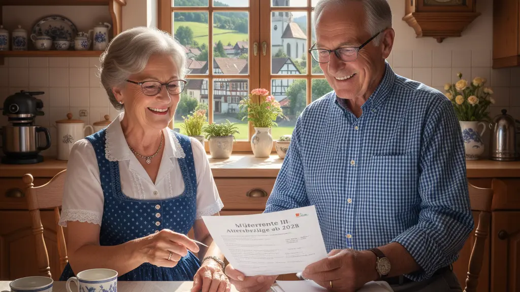 An elderly couple in traditional German attire excitedly reviewing pension documents at a warmly lit kitchen table, symbolizing the positive impact of the Mütterrente III pension reform in Germany.