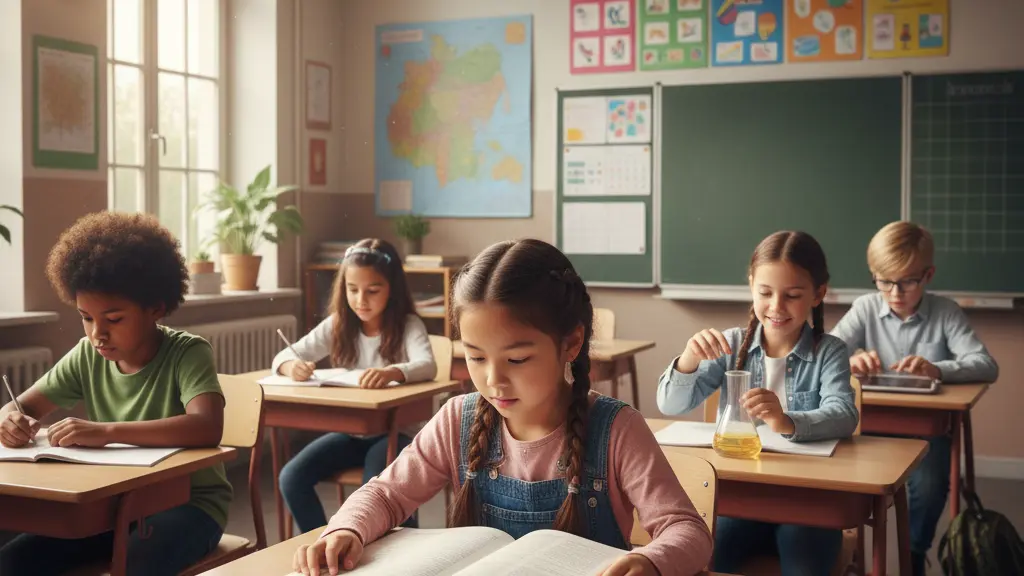 A diverse group of elementary school students in a warm classroom environment, centered around a focused Asian girl reading a book, with classmates of different backgrounds engaging in various educational activities, symbolizing resilience and diversity in learning.