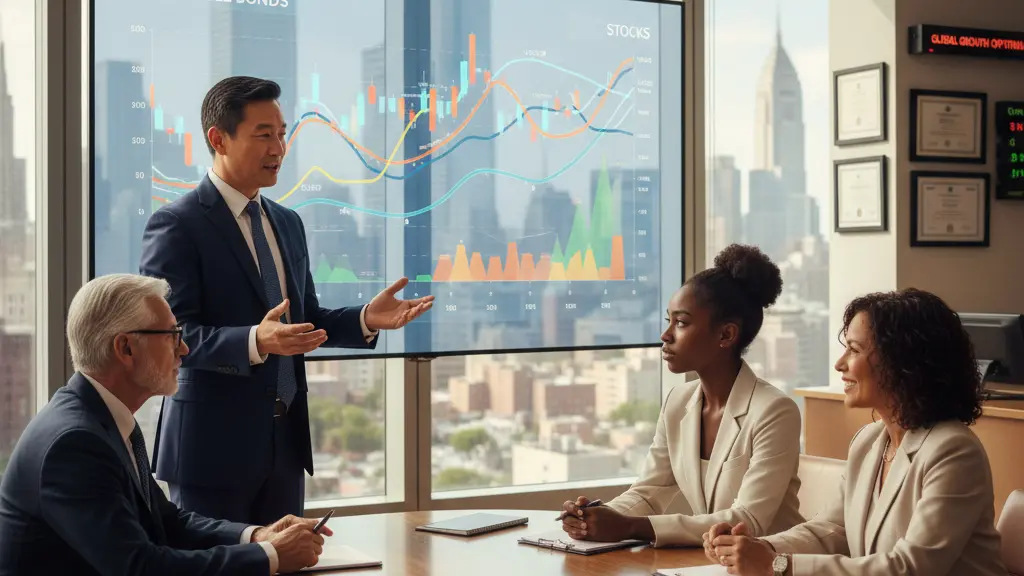 A financial advisor discusses convertible bonds with diverse clients in a modern office, featuring a cityscape background and digital investment charts.