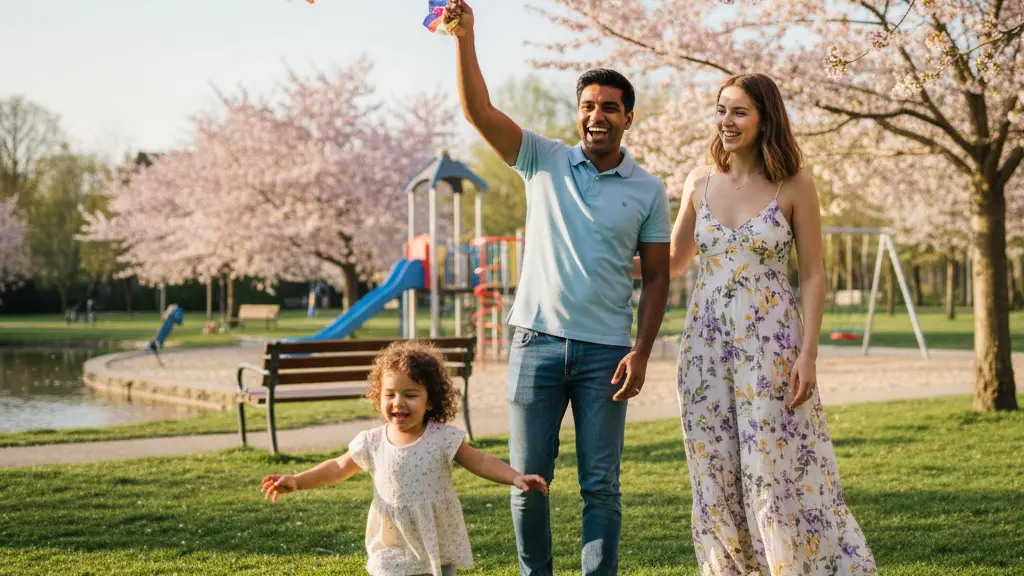 A father and mother joyfully playing with their young child in a sunny park, embodying teamwork and love in parenting, with a colorful kite soaring in the blue sky.