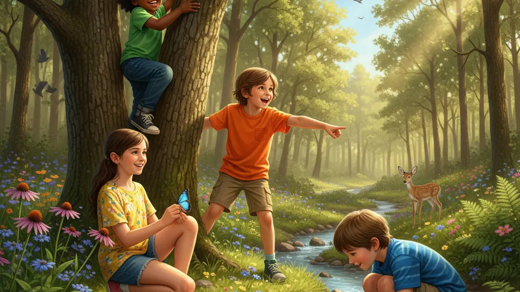 A diverse group of four children happily engaging in outdoor adventures in a sunlit forest, with one climbing a tree, another examining a butterfly, and the others exploring a stream.