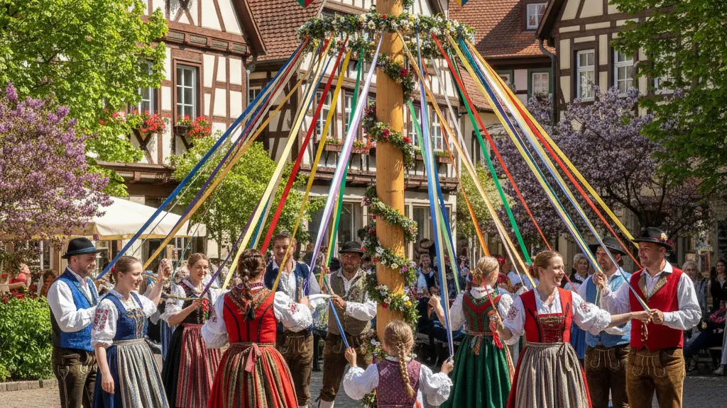 A joyful group of diverse people participating in Maypole dancing at the Knottenhof May Festival, surrounded by blooming flowers and traditional architecture, embodying community spirit and cultural heritage.