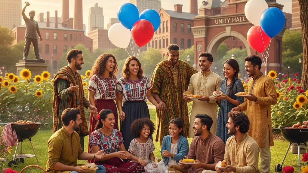 A diverse group of people joyfully celebrating Labor Day in a sunny urban park, showcasing camaraderie and unity, with cultural clothing and iconic city landmarks in the background.