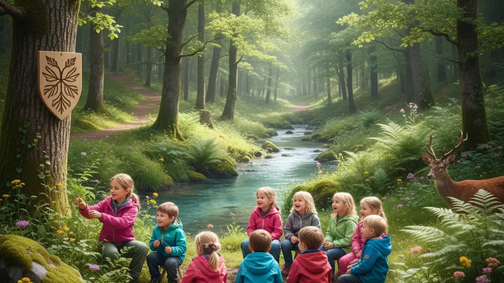 A vibrant outdoor kindergarten class in a lush Eifel forest, featuring diverse children engaged in nature activities, surrounded by greenery and wildlife, conveying a positive learning experience.