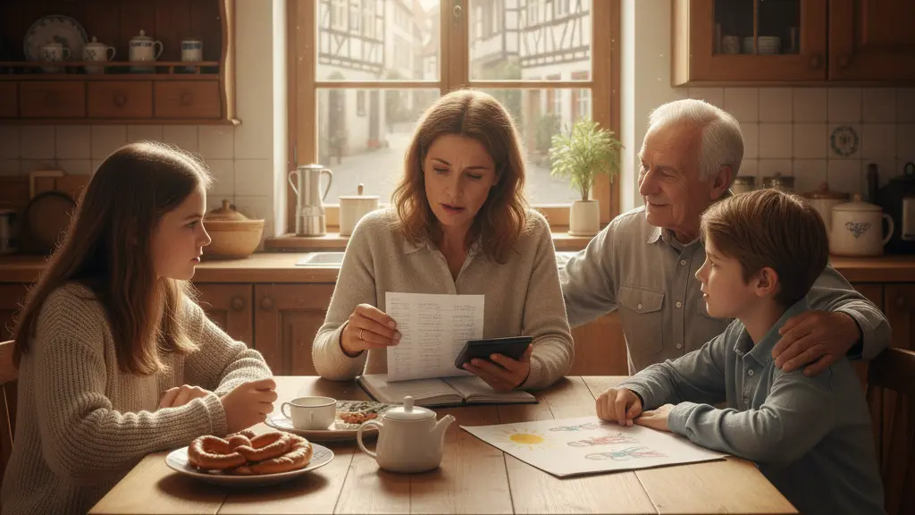 A family discussing care costs in their kitchen, illustrating the emotional burden of rising expenses associated with elder care in Germany.