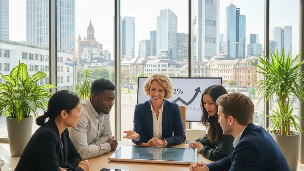 A cheerful bank representative smiles as she engages with a diverse group of young adults in a modern bank branch in Germany, showcasing an atmosphere of financial opportunity and warmth, with the city's skyline visible through large windows.