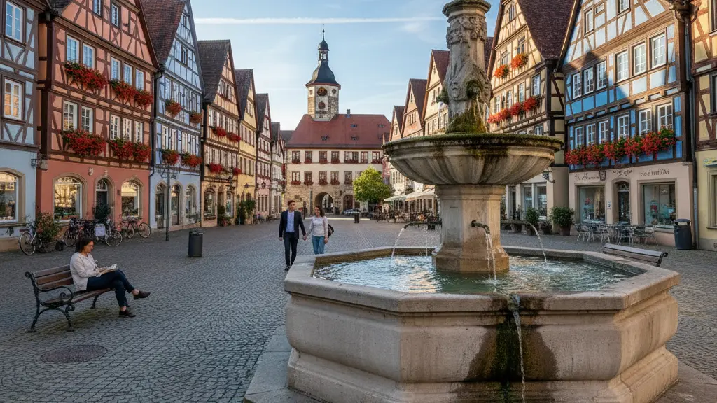 An ultra-realistic, high-resolution photograph of a beautiful, peaceful German town square. A multi-tiered stone fountain with clear water stands prominently in the center. The square is meticulously clean, paved with cobblestones, and surrounded by charming half-timbered buildings adorned with flower boxes. The scene is bathed in warm sunlight, creating soft shadows. A few serene individuals are gently strolling or sitting, conveying a sense of community, order, and tranquility. The sky is clear blue with wispy clouds.