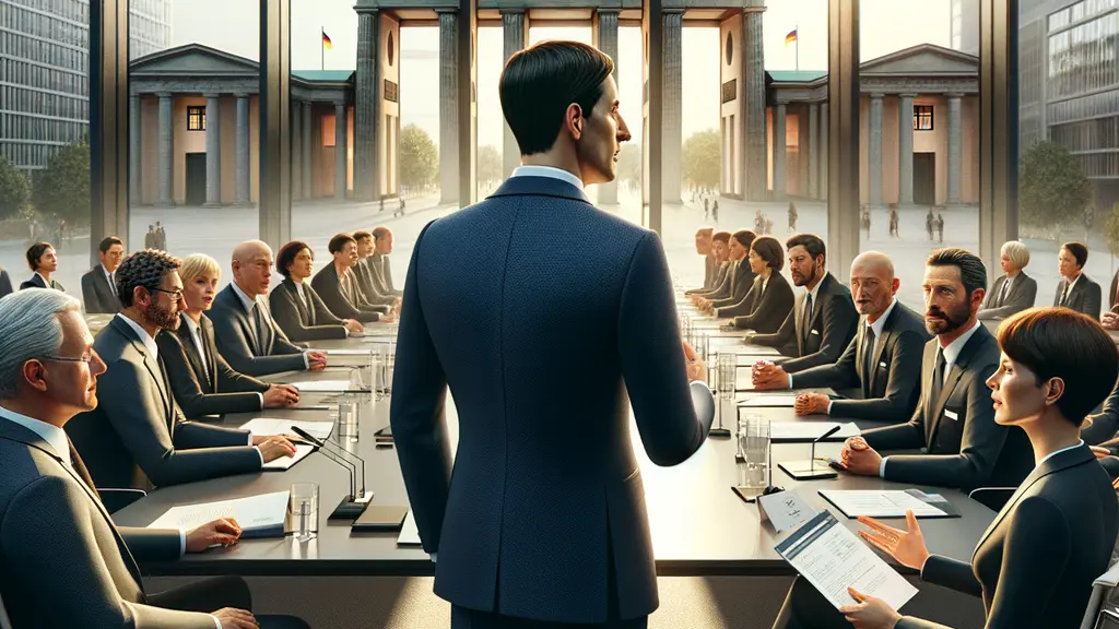 An ultra-realistic image of Pascal Reddig presenting pension reform proposals in a modern conference room in Berlin, with engaged attendees around a large table and a view of the cityscape through large windows.