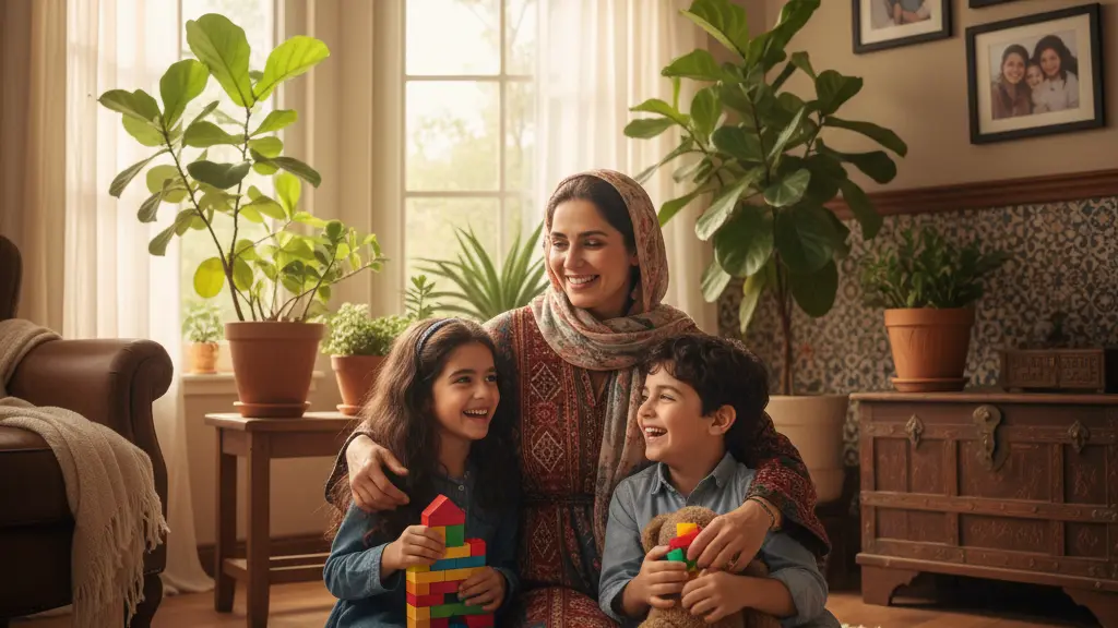 A single Middle Eastern mother smiling and embracing her two children in a sunlit living room, surrounded by colorful toys and cultural elements, symbolizing hope and familial love.