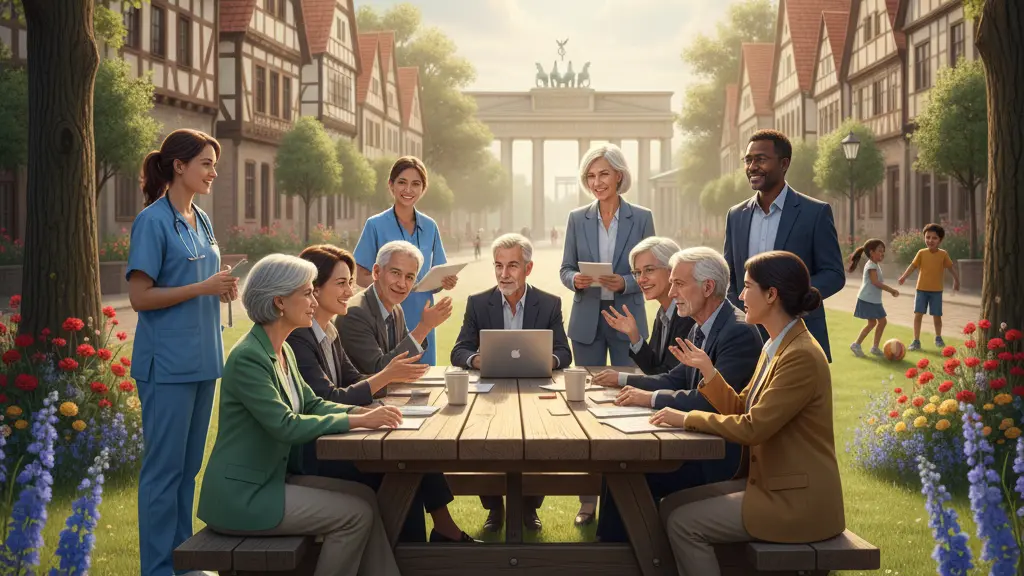 A diverse group of people in Germany engaging in a lively discussion about retirement options in a sunny park, surrounded by iconic German architecture and lush greenery.