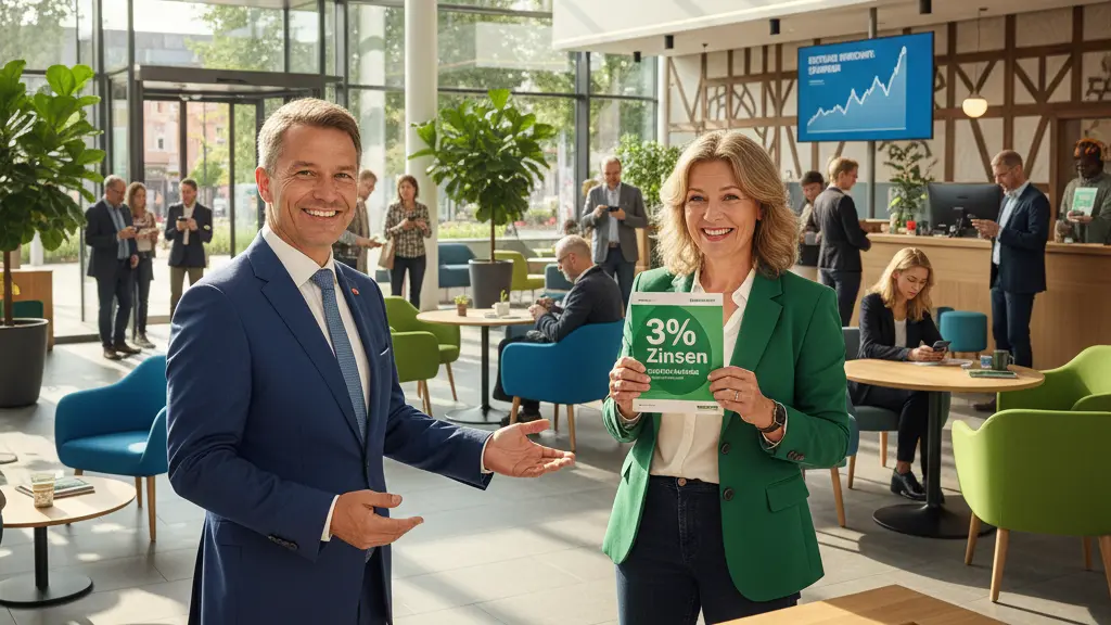 A cheerful bank manager assisting a woman at a modern local bank in Germany during a savings boom with 3% interest, showcasing a lively and welcoming atmosphere.