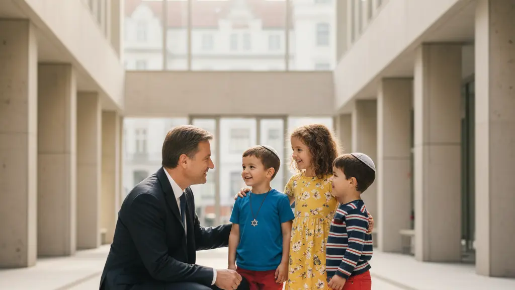 A photorealistic image showing a compassionate German political leader, kneeling to speak reassuringly with three smiling Jewish children inside a modern Jewish Community Campus in Berlin. The leader's hand rests gently on a child's shoulder, conveying support and protection. The background subtly shows modern German architecture and hints of the Berlin cityscape, reinforcing the setting. The image is bright, uplifting, and focuses on the central interaction.