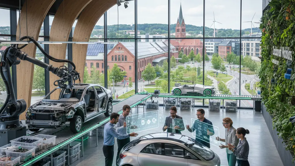 A diverse group of automotive engineers and designers collaborating around a futuristic electric vehicle prototype in a modern workspace, with Zwickau's distinct architecture visible in the background and elements of a recycling facility symbolizing the future of the auto industry.