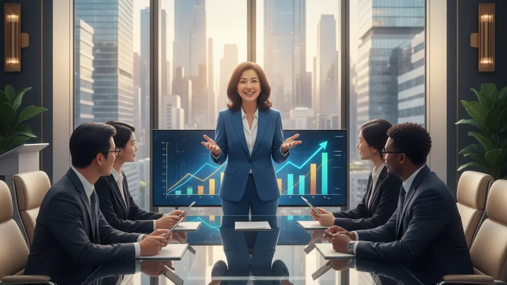 A financial expert presenting the concept of convertible bonds to a diverse audience in a modern conference room, symbolizing optimism and collaboration in the finance sector.