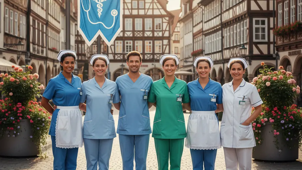 A group of diverse nurses standing united in a public square in Germany, wearing scrubs and nursing uniforms, with iconic German architecture in the background, symbolizing their call for healthcare reform on International Nurses Day.