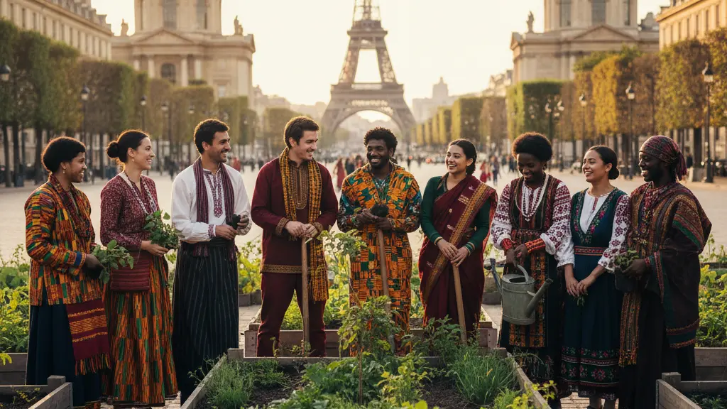 A diverse group of individuals from various cultural backgrounds standing together in solidarity, planting a garden in a European cityscape, symbolizing resilience and hope towards migration policies.