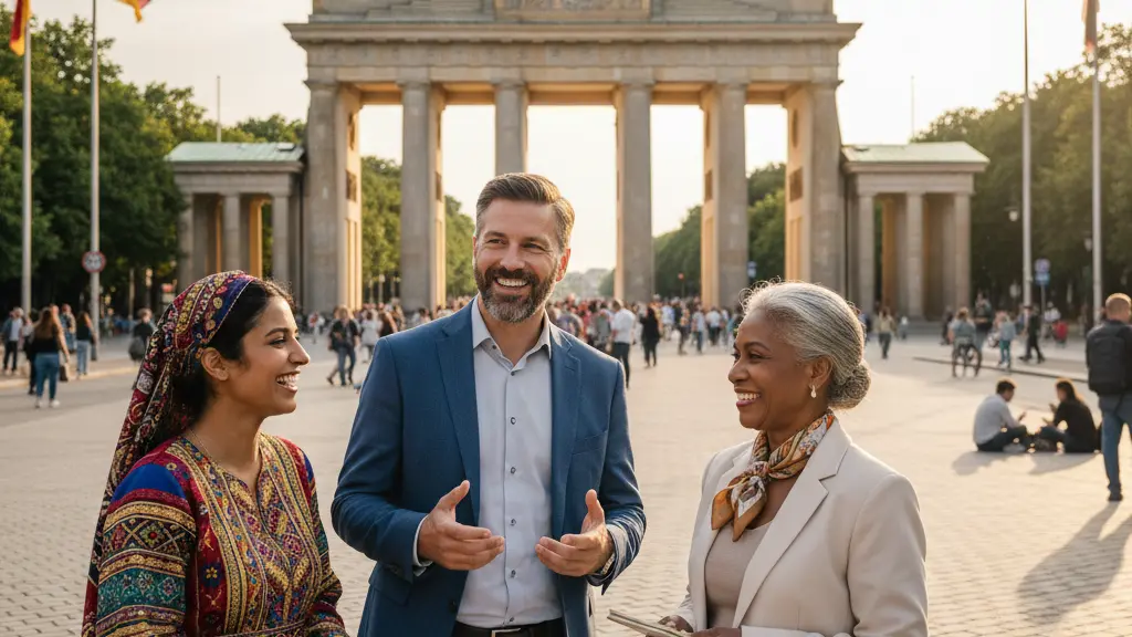 A diverse group of three individuals engaged in a lively political discussion outdoors against the backdrop of the Brandenburg Gate in Berlin. The group consists of a middle-aged Caucasian man, a young Middle-Eastern woman in traditional dress, and an older Black woman in a blazer, all smiling and animated. The scene is set in warm sunlight, with subtle elements of German culture in the background, conveying a message of political engagement and community unity.