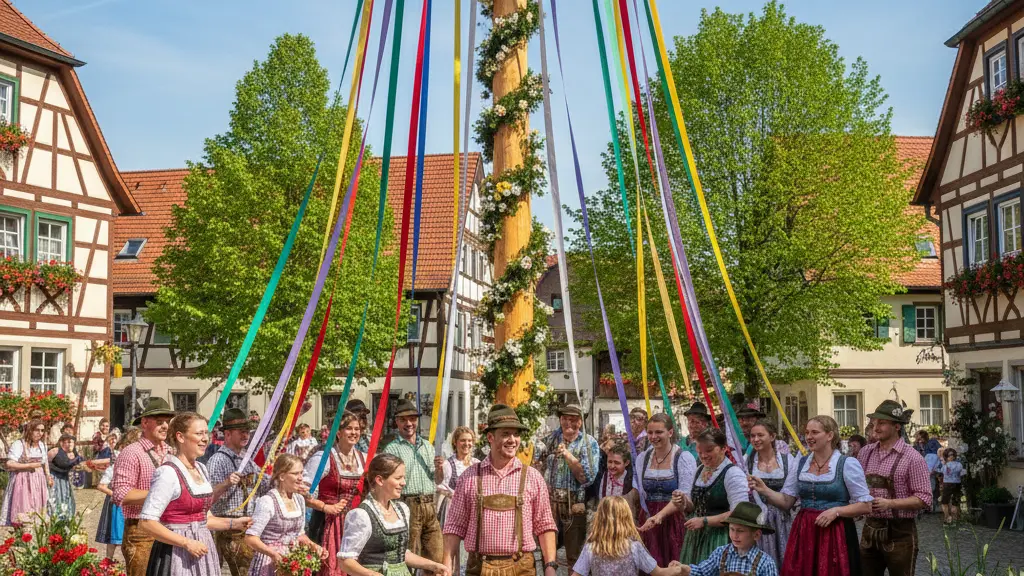 A vibrant village square scene on May 1, 2026, featuring a tall, colorful Maypole surrounded by villagers dressed in traditional attire joyfully participating in the festivities, with a backdrop of quaint German architecture and lush greenery under a clear blue sky.