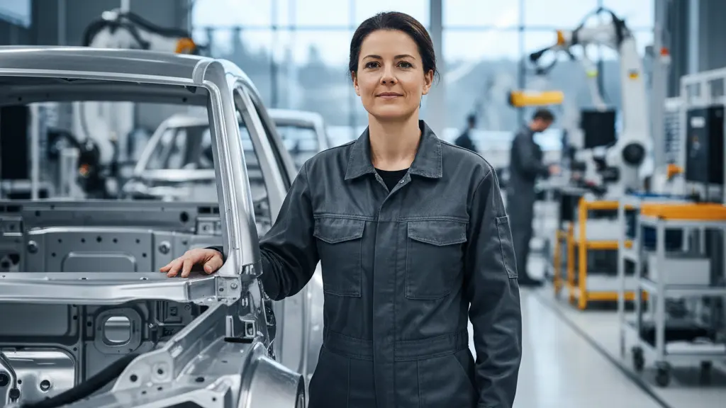 A medium close-up, photorealistic image of a female automotive engineer in a modern, clean factory, her hand resting on the sleek aluminum frame of a partially assembled electric vehicle chassis. The background features a softly blurred, advanced assembly line and subtle hints of a modern German industrial landscape, conveying innovation, human skill, and a bright future in sustainable manufacturing.