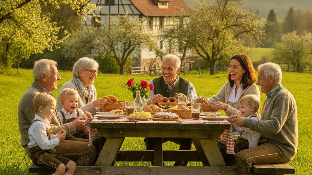 A joyful multigenerational family gathering outdoors, with diverse members enjoying a festive picnic, symbolizing the importance of parental support and community in family allowance discussions, set against a backdrop of traditional German architecture and natural landscape.