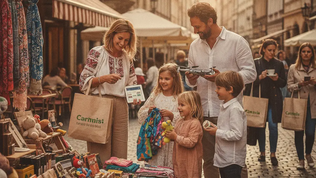 A joyful family examining colorful products in a vibrant European marketplace, symbolizing the evolving online shopping landscape due to new EU import regulations, with iconic architecture in the background.