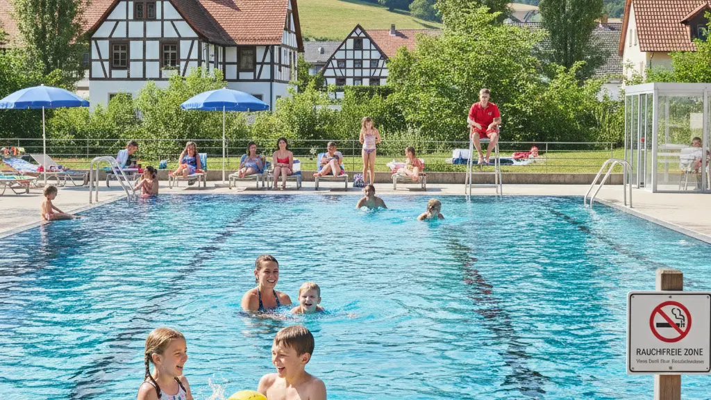 A sunny day at a public swimming pool in Baden-Württemberg, showcasing diverse families and children joyfully swimming and playing. A lifeguard watches over the scene, surrounded by traditional German-style architecture and greenery. Smoking area signs are visible, representing the new smoking ban. The image is bright, vibrant, and captures a sense of community and health.