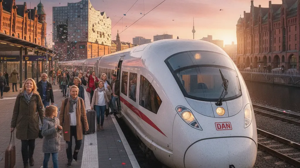 An ultra-realistic image of a modern ICE train departing Hamburg Hauptbahnhof at dawn, showcasing the joyful atmosphere of passengers boarding. The background features iconic Hamburg architecture, with a hint of Berlin's skyline, all under a vibrant morning sky.
