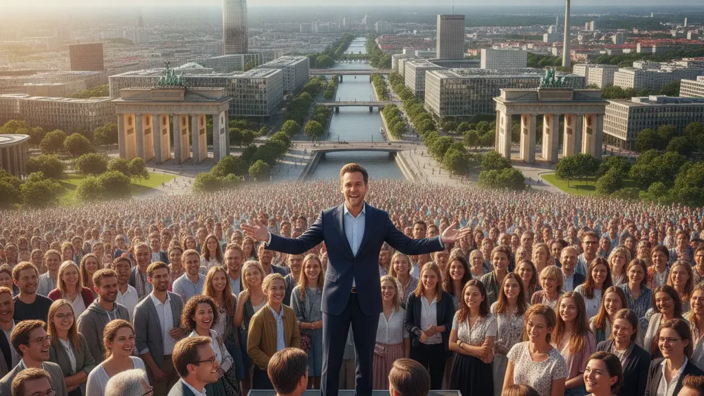 A charismatic politician addresses an enthusiastic, diverse crowd in a vibrant German city, with recognizable architecture in the background, symbolizing community and engagement.