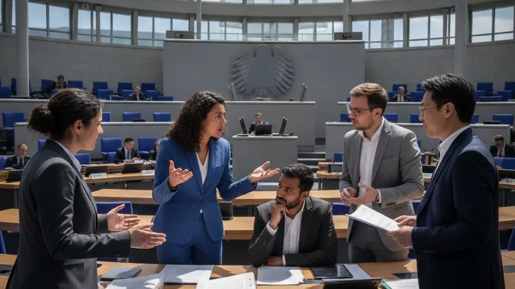A group of five diverse politicians passionately debating the eight-hour workday inside the German Bundestag, with the iconic architecture of the building in the background.