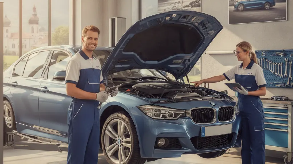 Two BMW mechanics working on a BMW 3 Series in a well-lit automotive workshop, embodying safety and care amid a vehicle recall.