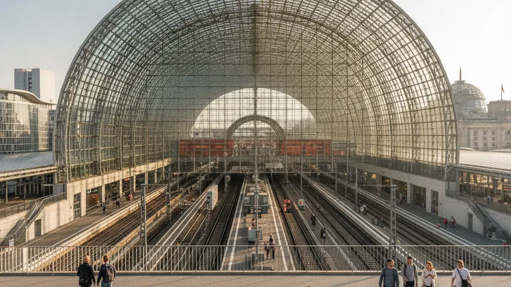 A photorealistic view of Berlin Hauptbahnhof, showcasing its stunning glass and steel architecture, with diverse travelers interacting in the foreground and recognizable landmarks like the Reichstag and Kanzleramt subtly integrated in the background.