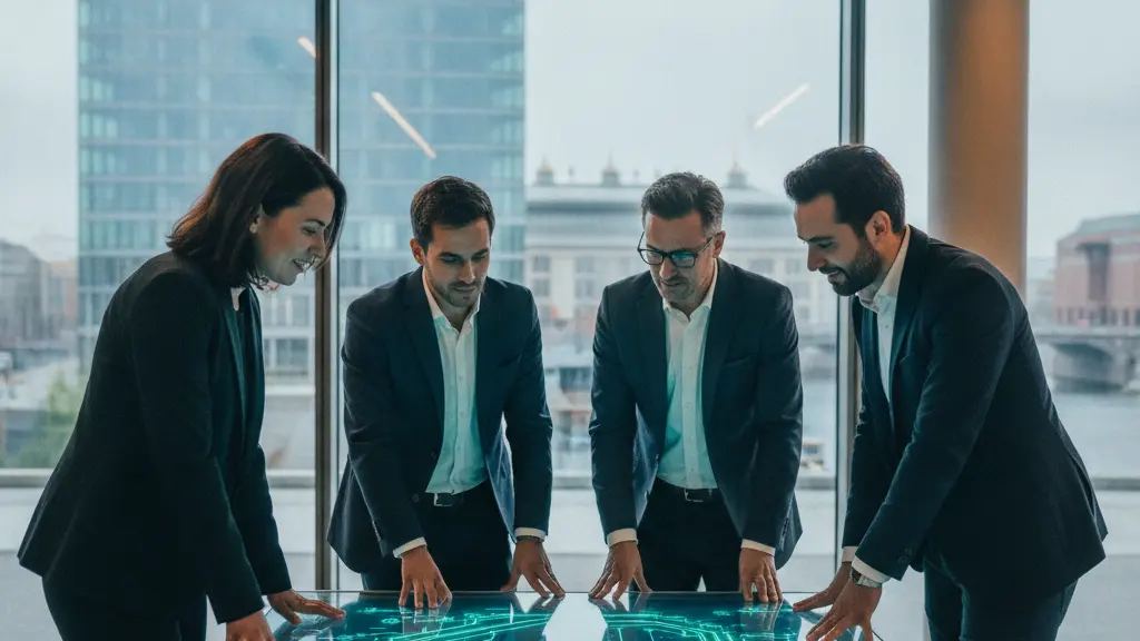An ultra-realistic image depicting a diverse team of 4-5 software engineers collaboratively interacting with a glowing, abstract holographic display in a modern, sunlit digital innovation hub. Through large, floor-to-ceiling windows, a subtly blurred contemporary Berlin cityscape, featuring modern glass and steel architecture of the Europacity district, provides geographic context. The scene vividly conveys innovation, teamwork, and the bright future of digital mobility, without any text or logos.