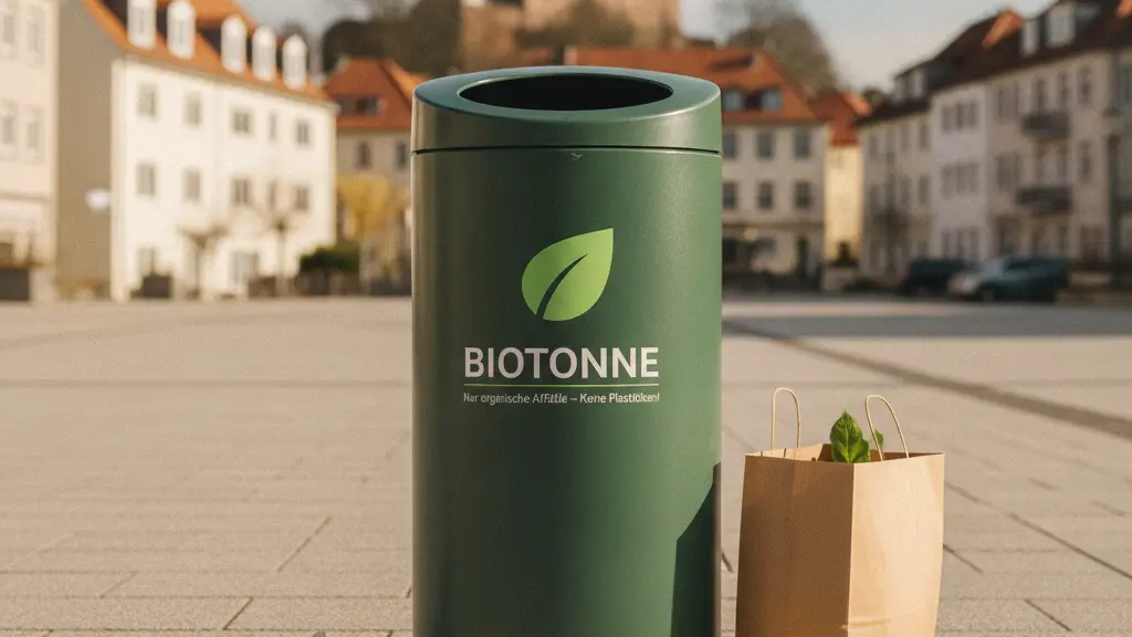 A vibrant urban scene in Bielefeld, Germany, showcasing a biowaste bin filled with organic waste, surrounded by fresh vegetable scraps and paper bags, with Sparrenburg Castle in the background, symbolizing community efforts for proper waste disposal.