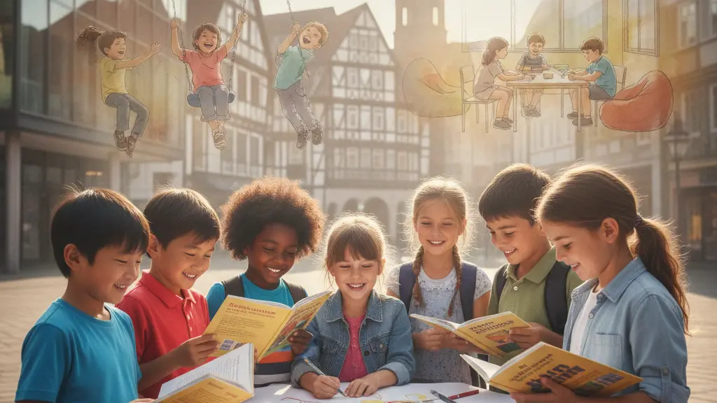 A diverse group of children engaged in collaborative learning in a sunlit urban environment, symbolizing unity and inclusive education, with recognizable German architectural elements in the background.