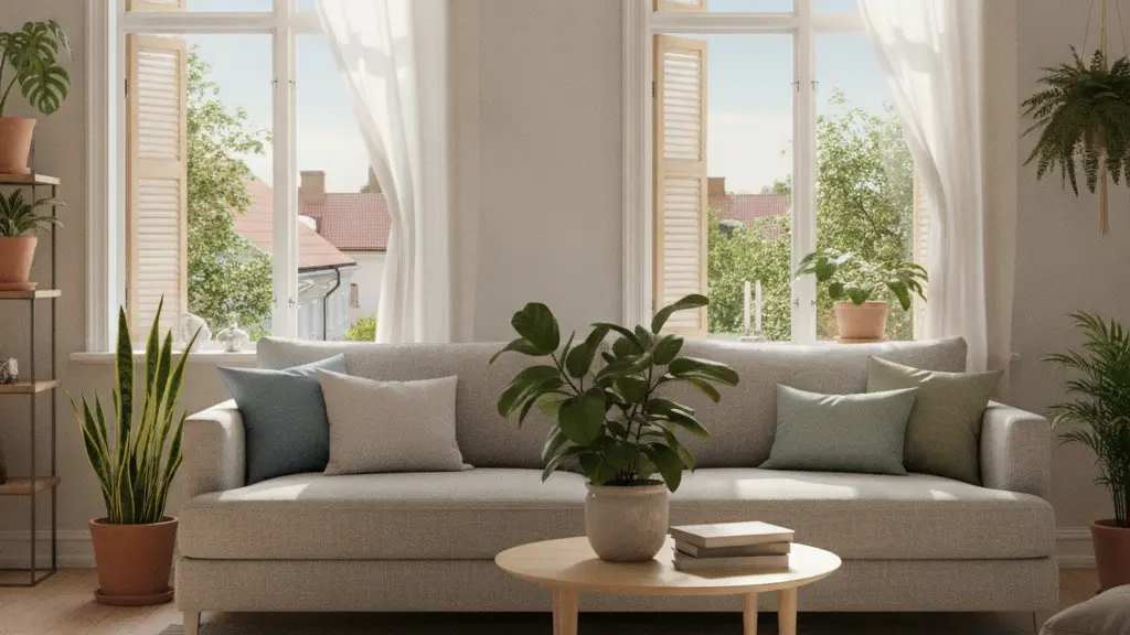 A cozy and airy living room on a summer morning with open windows and softly fluttering curtains. The room features modern wooden shutters partially closed, refreshing potted plants, and stylish decor, all bathed in warm morning light, conveying a peaceful and ventilated atmosphere.