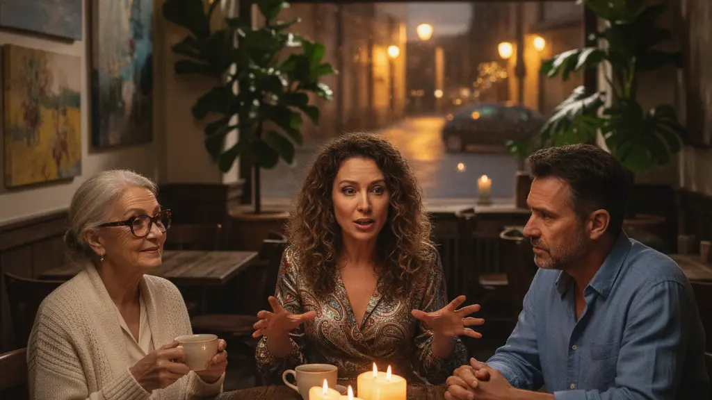A cozy night café scene with three diverse guests engaged in conversation around a table, illuminated by candlelight and string lights, reflecting themes of personal revelations and connections.
