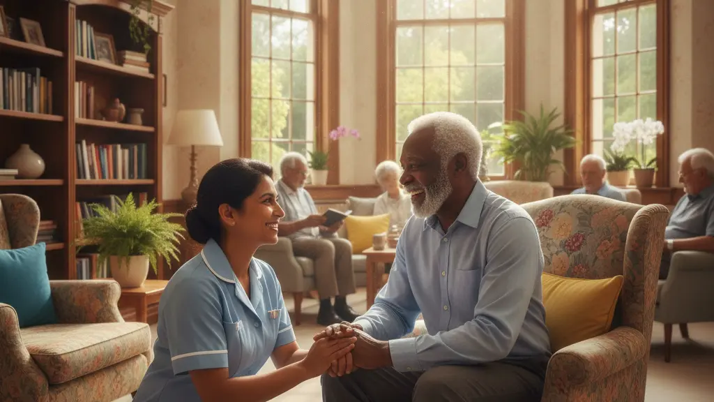 A warm-hearted nurse engaging with an elderly man in a bright nursing home environment, emphasizing care and compassion.