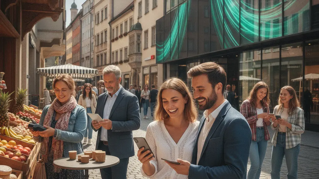 A vibrant urban street scene in Germany in 2026 showing a cashless payment environment, with people engaging in digital transactions, iconic architecture in the background, and a bright, uplifting atmosphere.